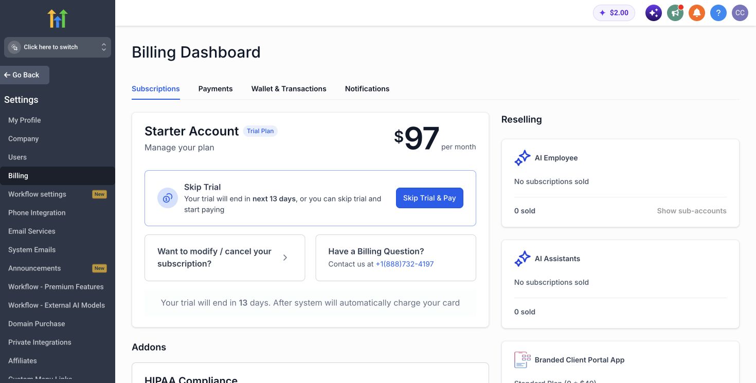HighLevel agency billing dashboard showing the Starter trial at 97 dollars per month