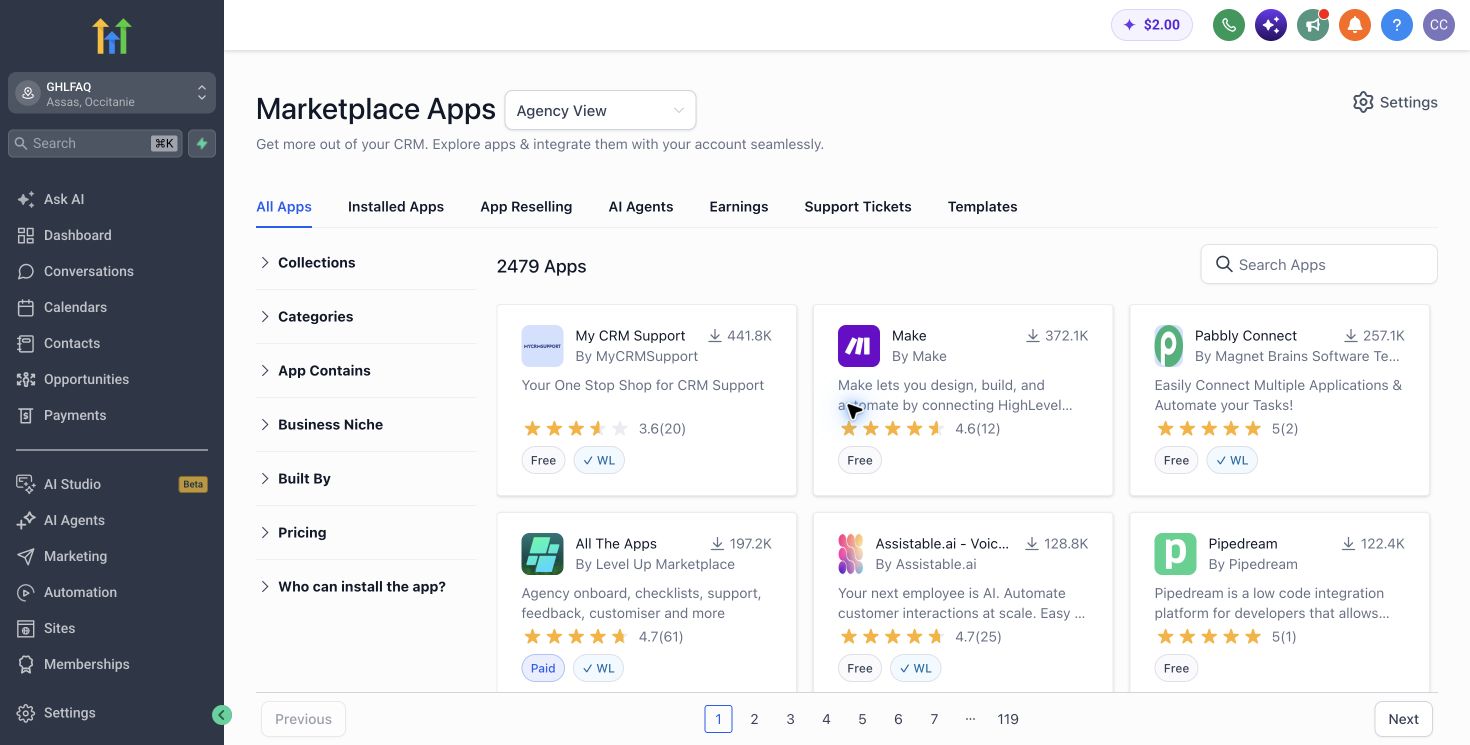 Marketplace HighLevel avec catégories d'intégrations et applications disponibles