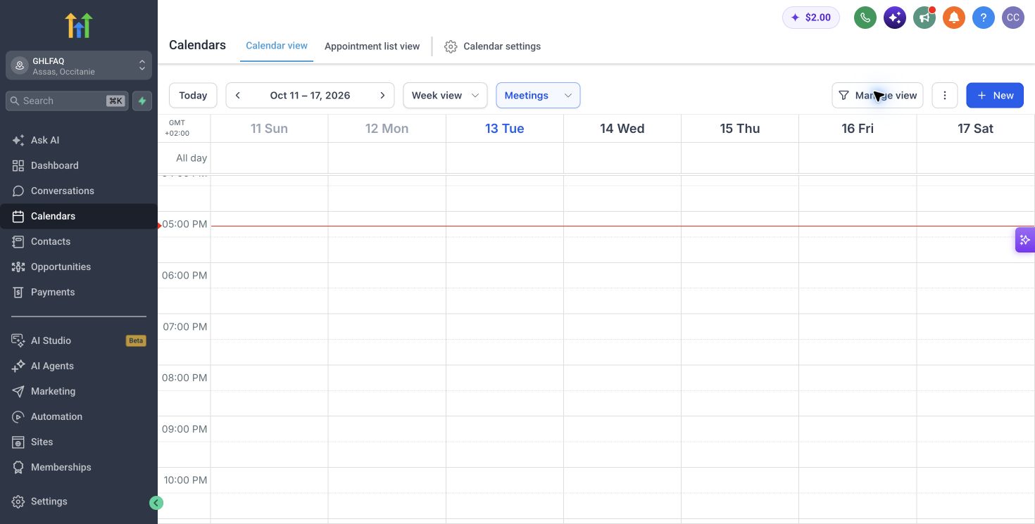 HighLevel weekly calendar and appointment management interface