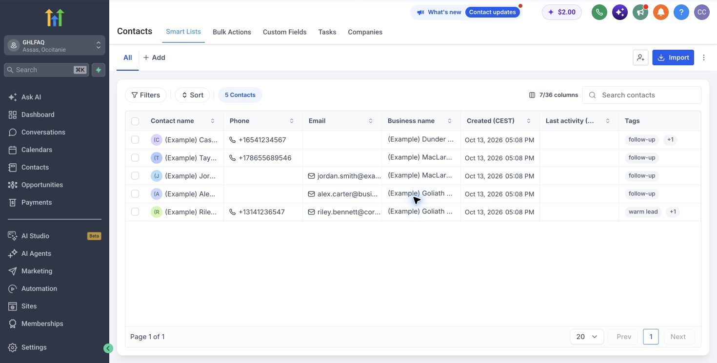 HighLevel contacts screen with smart lists and CSV import control