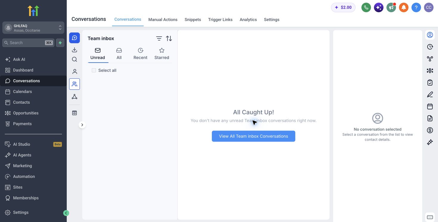 HighLevel unified conversations inbox for customer messages