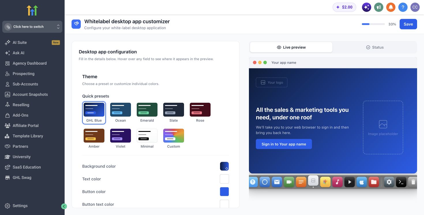 HighLevel white-label desktop app customizer with theme and live preview