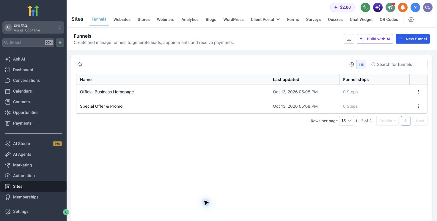 HighLevel funnels dashboard with website, form and funnel navigation