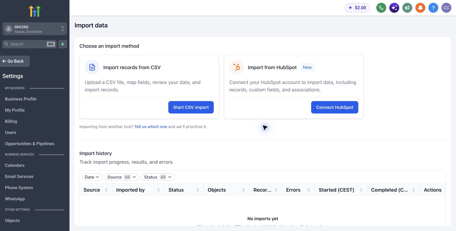 HighLevel import data screen for moving CRM records