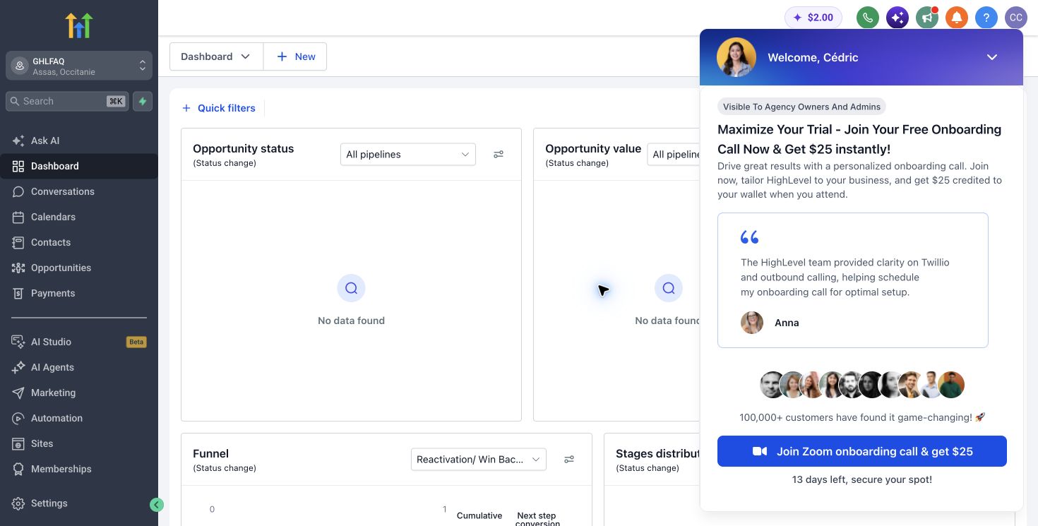 HighLevel trial dashboard with onboarding guidance and opportunity widgets