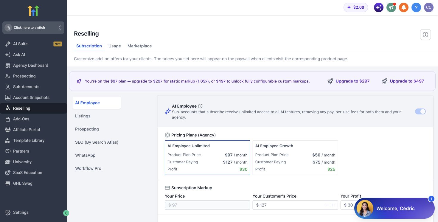 HighLevel agency reselling screen with AI Employee price and markup controls