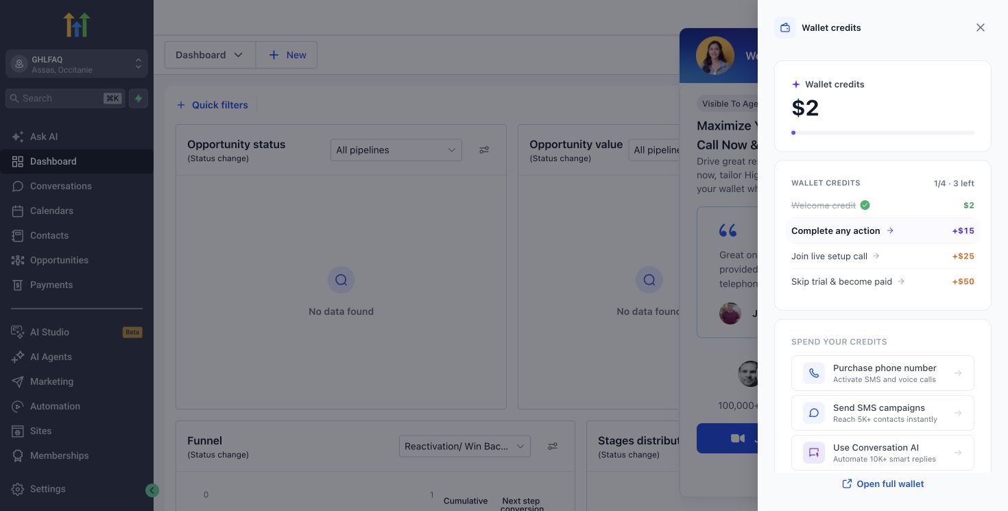 HighLevel wallet credits panel with examples of credit-funded services