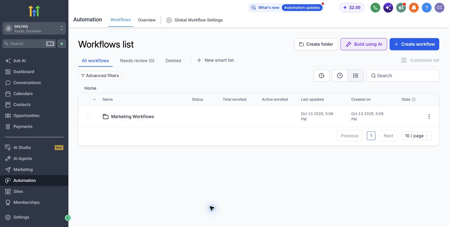 HighLevel workflow automation list with folders and workflow controls